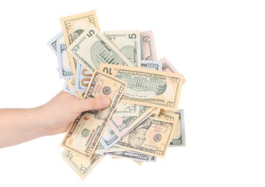 Erkek el Amerikan dolarlarına tutarak.