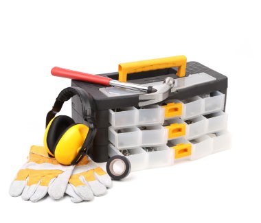 Araç kutusu eldiven ve çekiç.