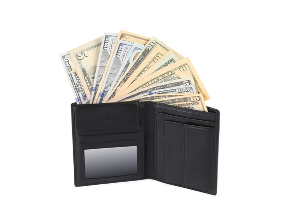 Geld in zwarte leren portemonnee. — Stockfoto