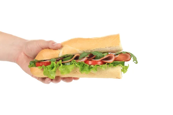 Grote verse sandwich in handen. — Stockfoto