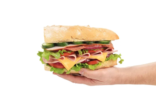 Big fresh sandwich in hands. — Stock Photo, Image