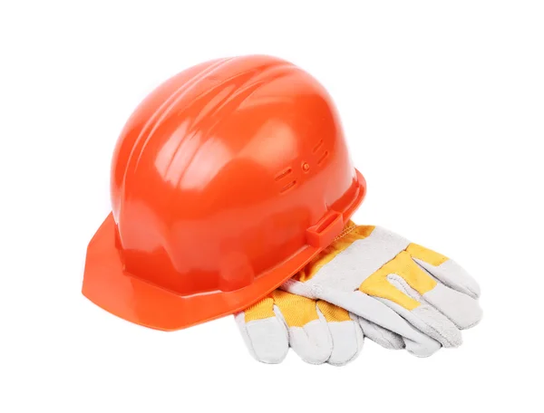 Red hard hat with leather gloves. — Stock Photo, Image