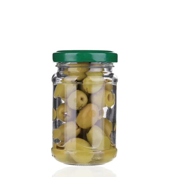 Green olives in a jar. — Stock Photo, Image