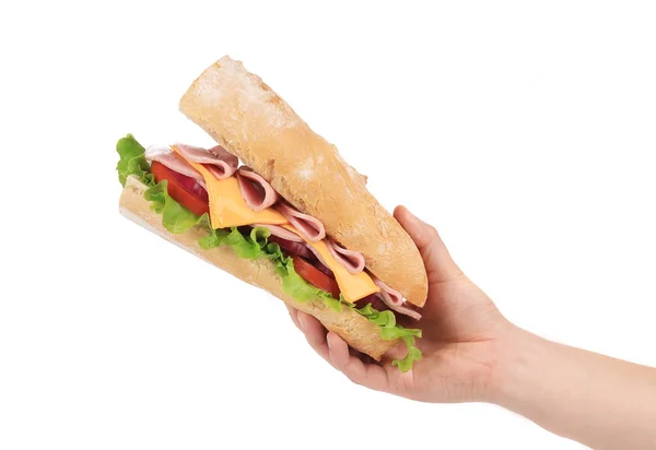 Grande sanduíche fresco nas mãos . — Fotografia de Stock