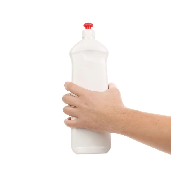 Tenuta a mano bottiglia di plastica bianca . — Foto Stock