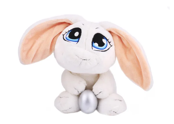White easter toy rabbit with silver egg. — Stock Photo, Image