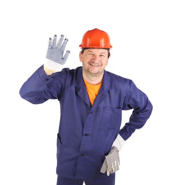 Trabajador en uniforme azul dando cinco . —  Fotos de Stock