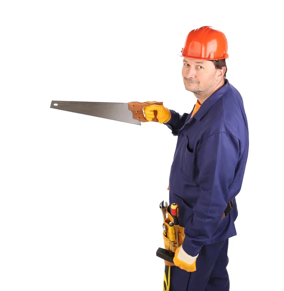 Worker with hand saw. — Stock Photo, Image