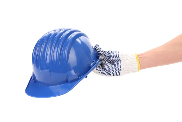 Mão segurando capacete azul . — Fotografia de Stock