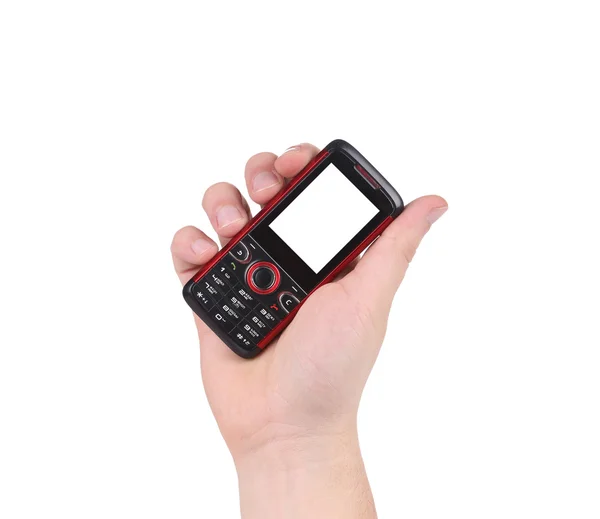 Рука держит красный-черный сотовый телефон . — стоковое фото