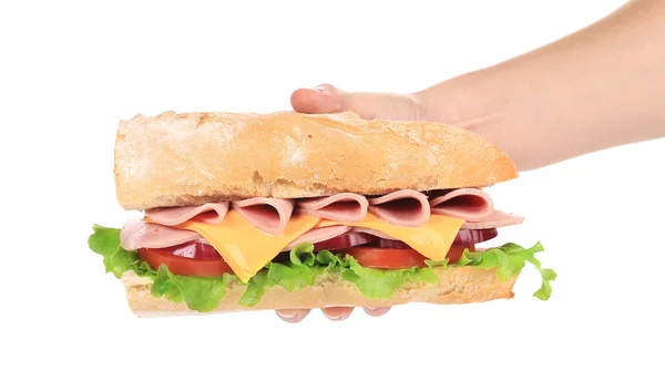 Velký čerstvý sendvič v ruce. — Stock fotografie