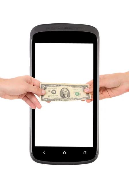 Mobile phone and two dollar bill. — Stock Photo, Image