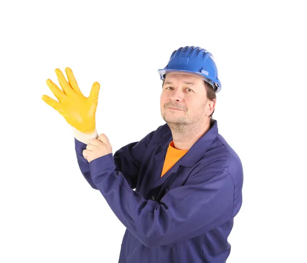 Worker put on the glove. — Stock Photo, Image
