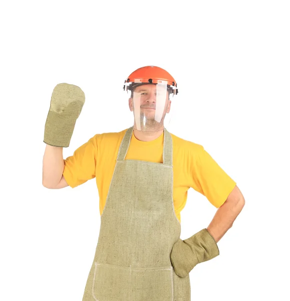 Welder with protective face shield and apron. — Stock Photo, Image