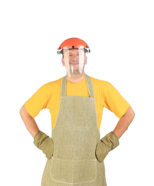 Worker in apron and plastic mask. — Stock Photo, Image
