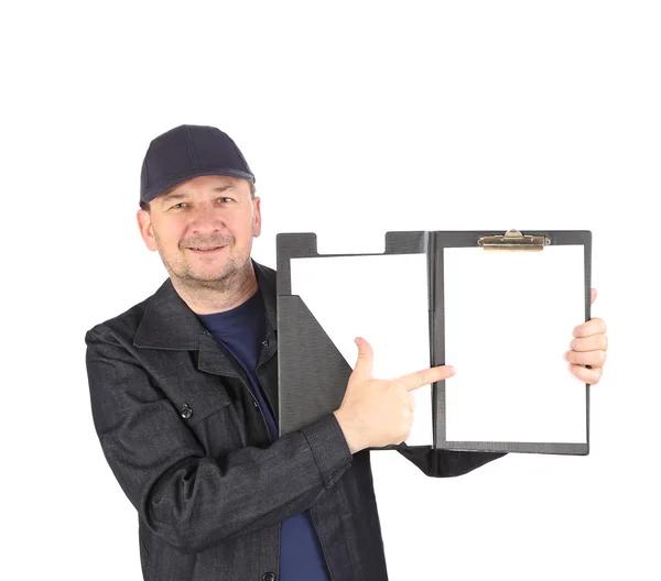 Worker in hard hat with opened folder. — Stock Photo, Image