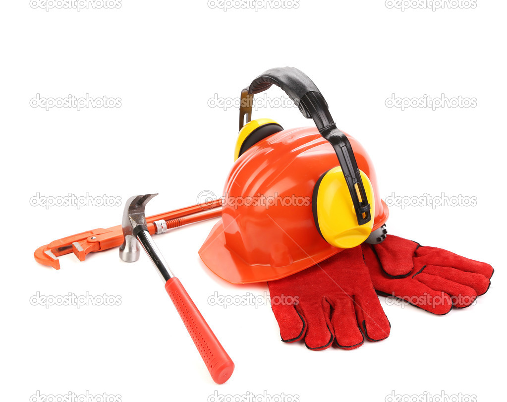 Red helmet and working tools.