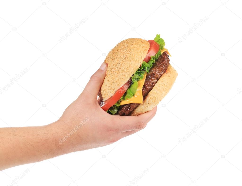 Male hand holding tasty hamburger.