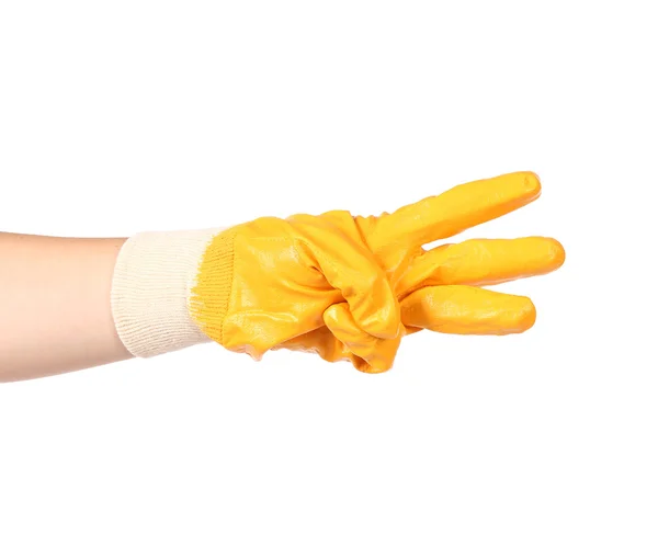 Hand in rubber glove showing three. — Stock Photo, Image