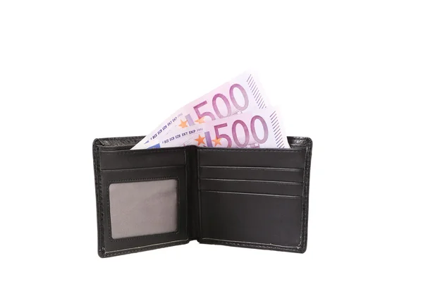 Czarny skórzany portfel z pieniędzmi. — Zdjęcie stockowe