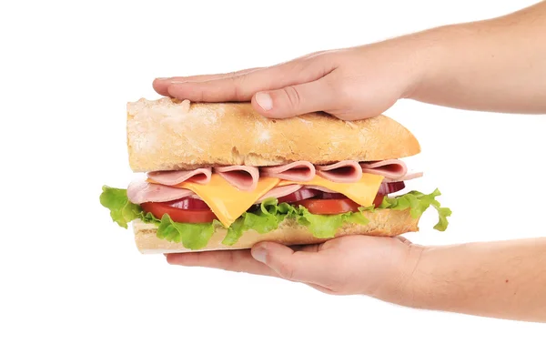 Hands pressing tasty sandwich. — Stock Photo, Image