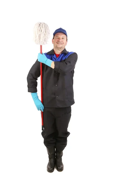 Laughing cleaner with mop. — Stock Photo, Image