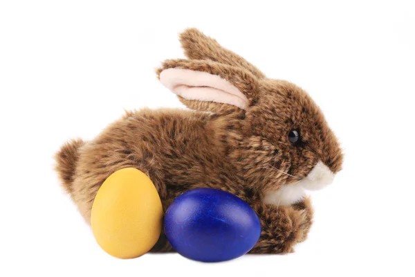 Osterhase und bunte Eier. — Stockfoto