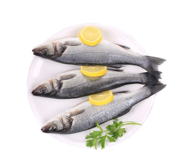 Three fresh seabass with lemon on plate. — Stock Photo, Image