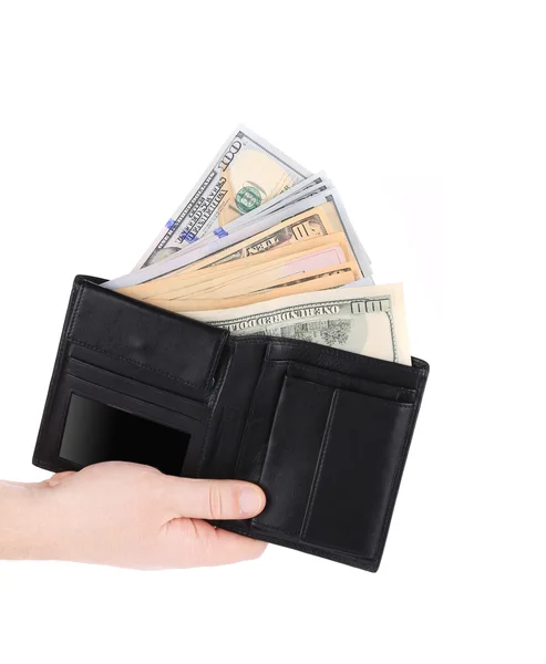 Money in black leather wallet on hand. — Stock Photo, Image