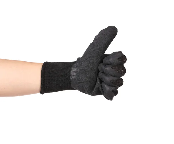 Duimen omhoog met een zwarte rubberen handschoen. — Stockfoto