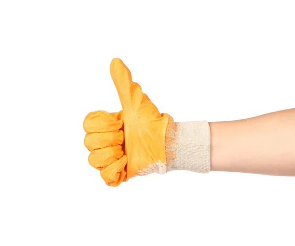 Daumen hoch mit einem orangen Gummihandschuh. — Stockfoto