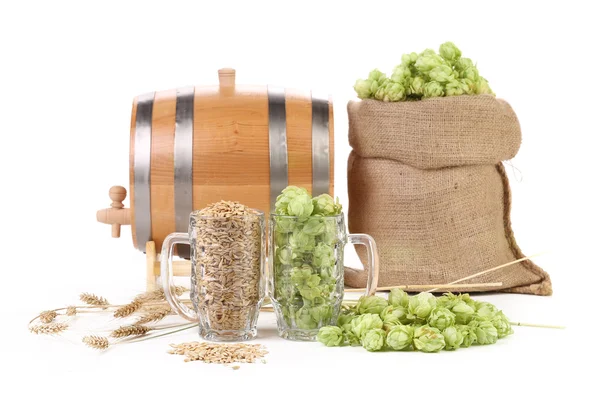 Two mugs with barley and hop. — Stock Photo, Image