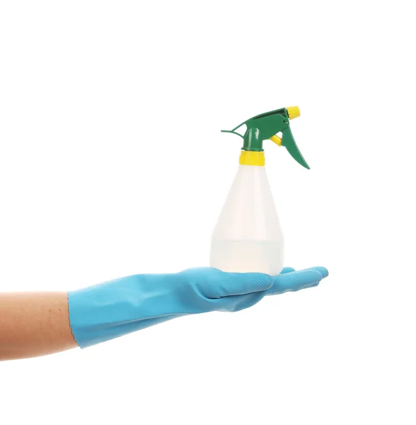 Hand in gloves holds spray bottle. — Stock Photo, Image