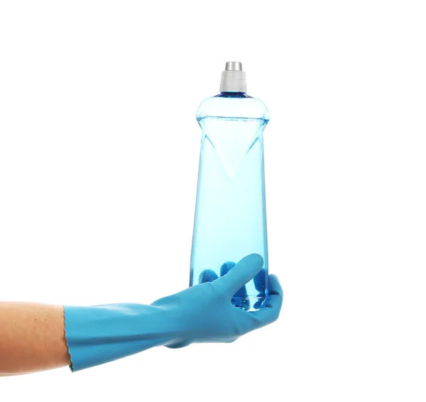 Hand in gloves with bottle. — Stock Photo, Image