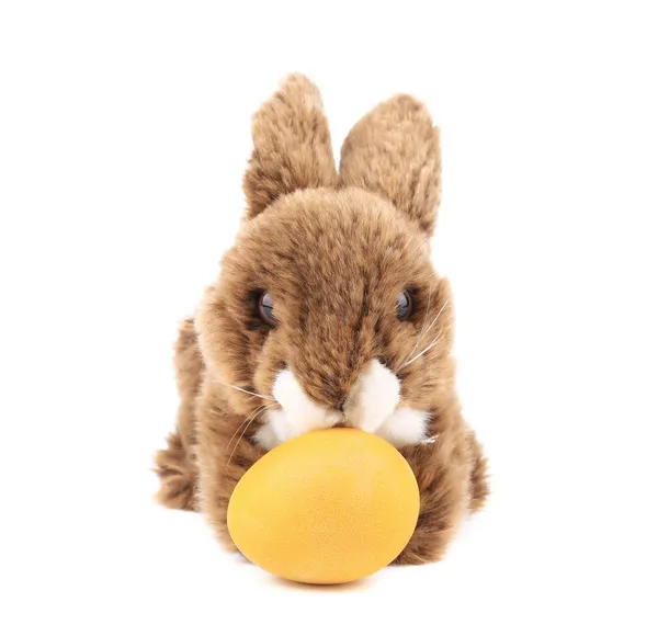 Easter rabbit and yellow egg. — Stock Photo, Image