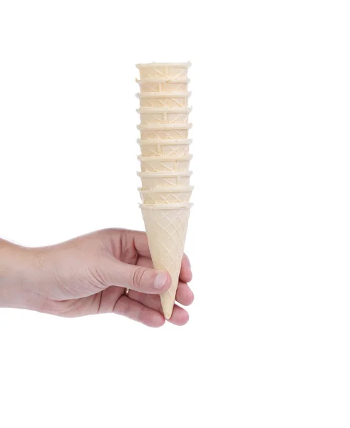 Hand hold stake of ice cream cones. — Stock Photo, Image