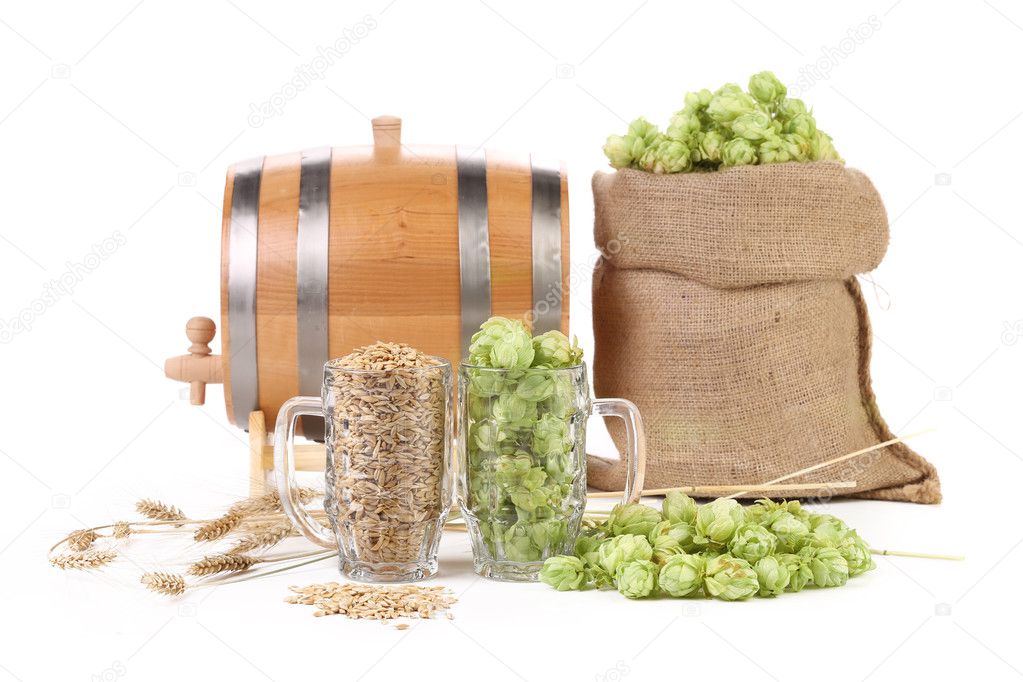 Two mugs with barley and hop.