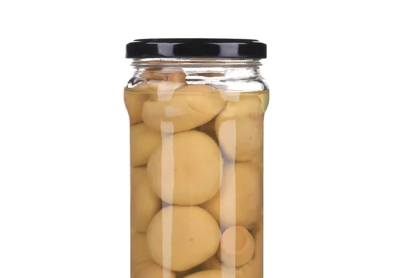 Marinated mushrooms in glass jar. — Stock Photo, Image