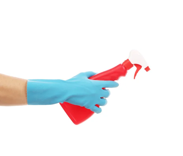 Hand in gloves holds spray bottle. — Stock Photo, Image