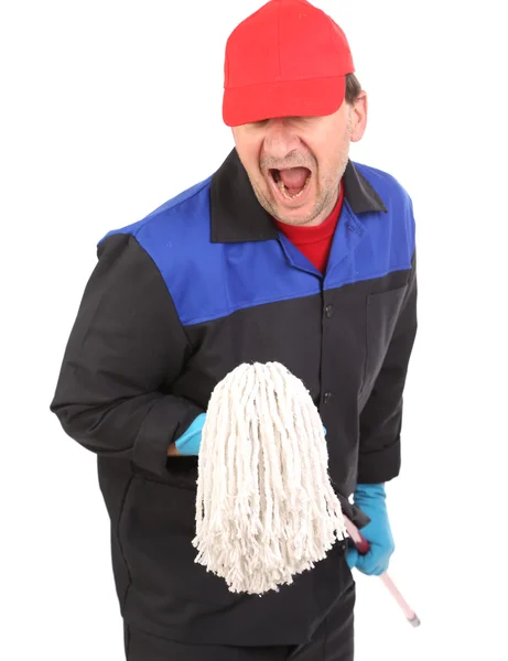 Man in workwear with mop. — Stockfoto