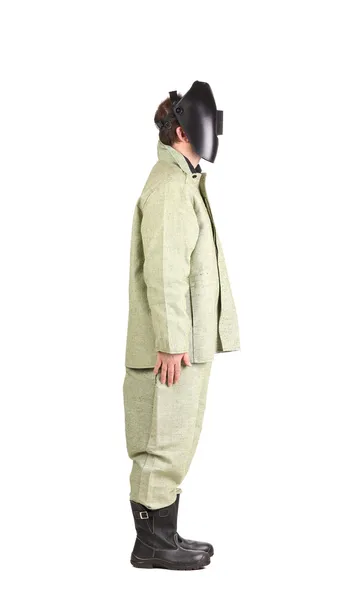 Lasser in werkkleding pak met masker. — Stockfoto