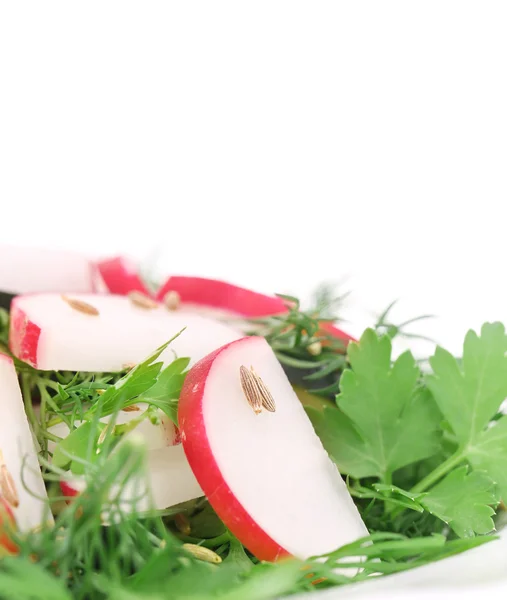 Close up of salad with radish and cumin. — Stock Photo, Image