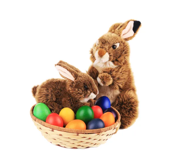 Lapin roux dans le panier avec des œufs de Pâques . — Photo