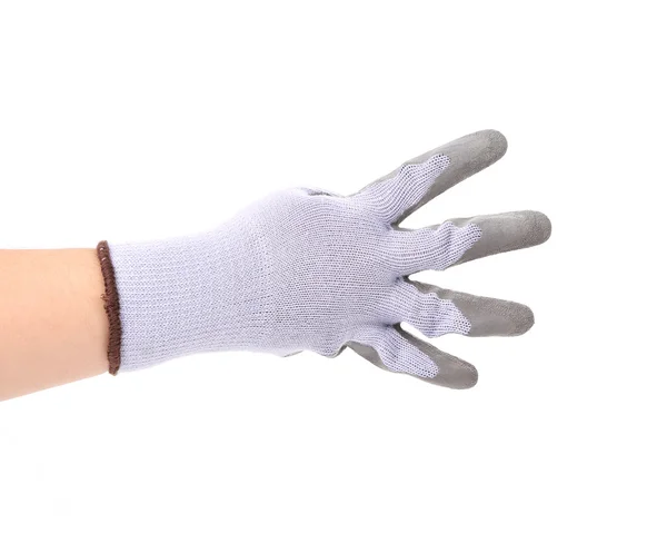 Hand toont vier in rubberen handschoen. — Stockfoto