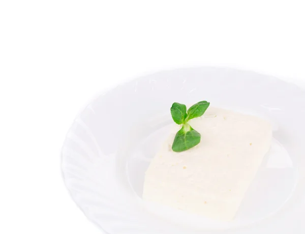 Feta cheese and fresh basil. — Stock Photo, Image