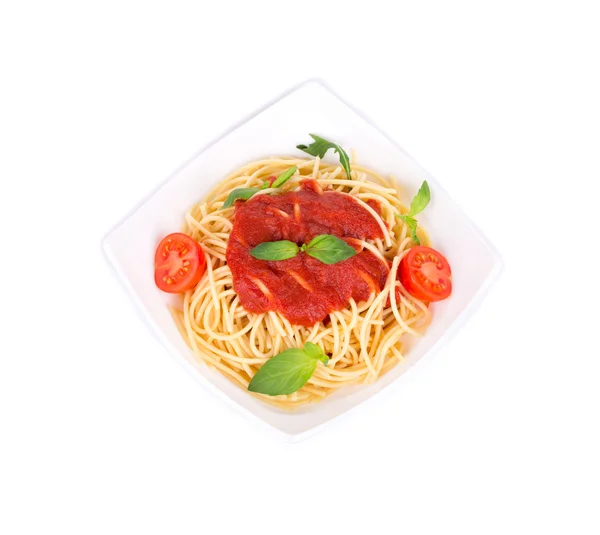 Pasta with tomato sauce and basil. — Stock Photo, Image