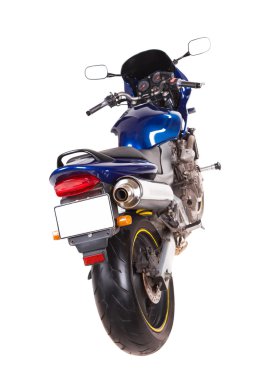 Mavi spor motosiklet. Arkadan Görünüm.