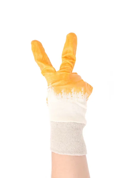 Behandschuhte Hand zeigt zwei Finger. — Stockfoto
