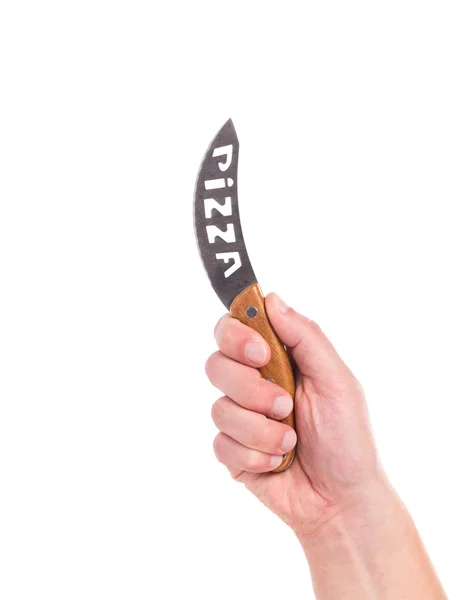 Χέρι κρατά μαχαίρι πίτσα — Φωτογραφία Αρχείου