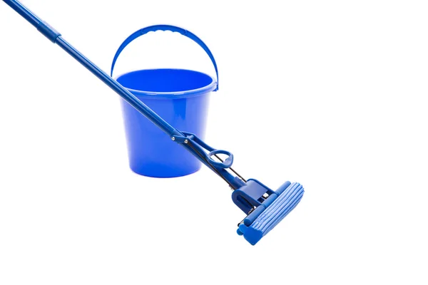 Mop, plastic bucket, isolated on white — Stock Photo, Image